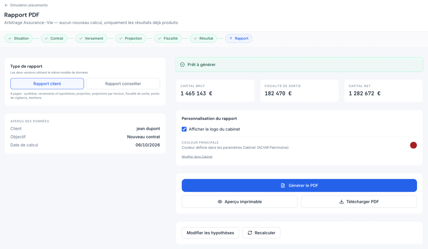 Dernière étape d'une simulation PatrimLab : génération du rapport PDF, avec choix du type de rapport client ou conseiller, aperçu des données, personnalisation par le logo du cabinet, aperçu imprimable et téléchargement
